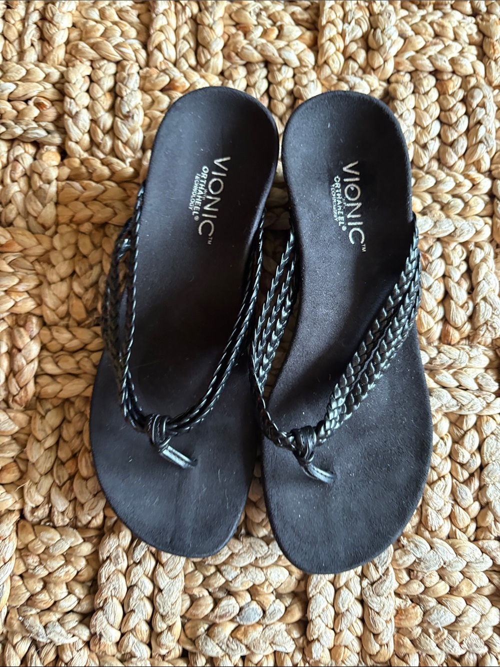 Vionic Black Orthaheel Ramba Braided Wedge Sandals-size 7